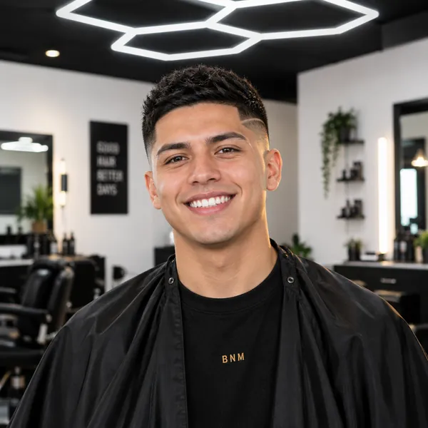 Luis, with a short cut and a freehand design line.