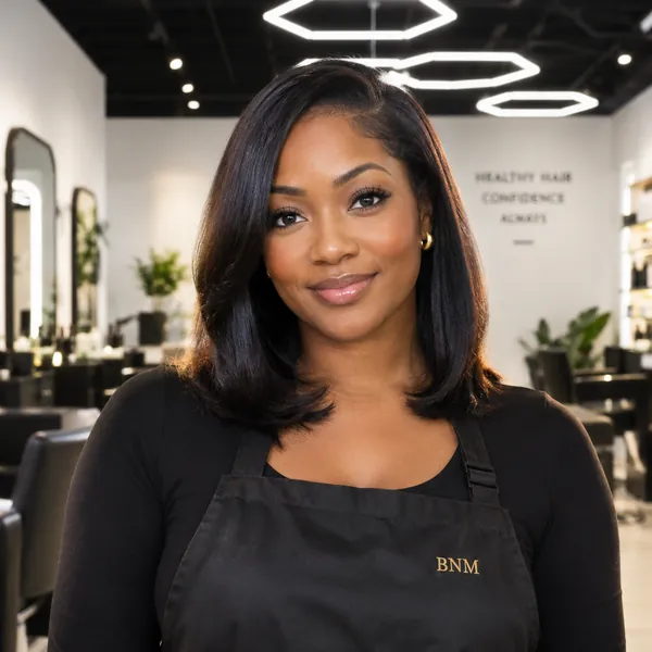 Simone, smiling, with glossy shoulder-length silk-pressed hair.