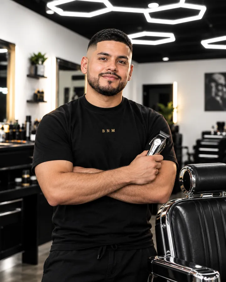 Founder Marco Reyes, arms crossed and clippers in hand, beside a chrome barber chair in his shop.