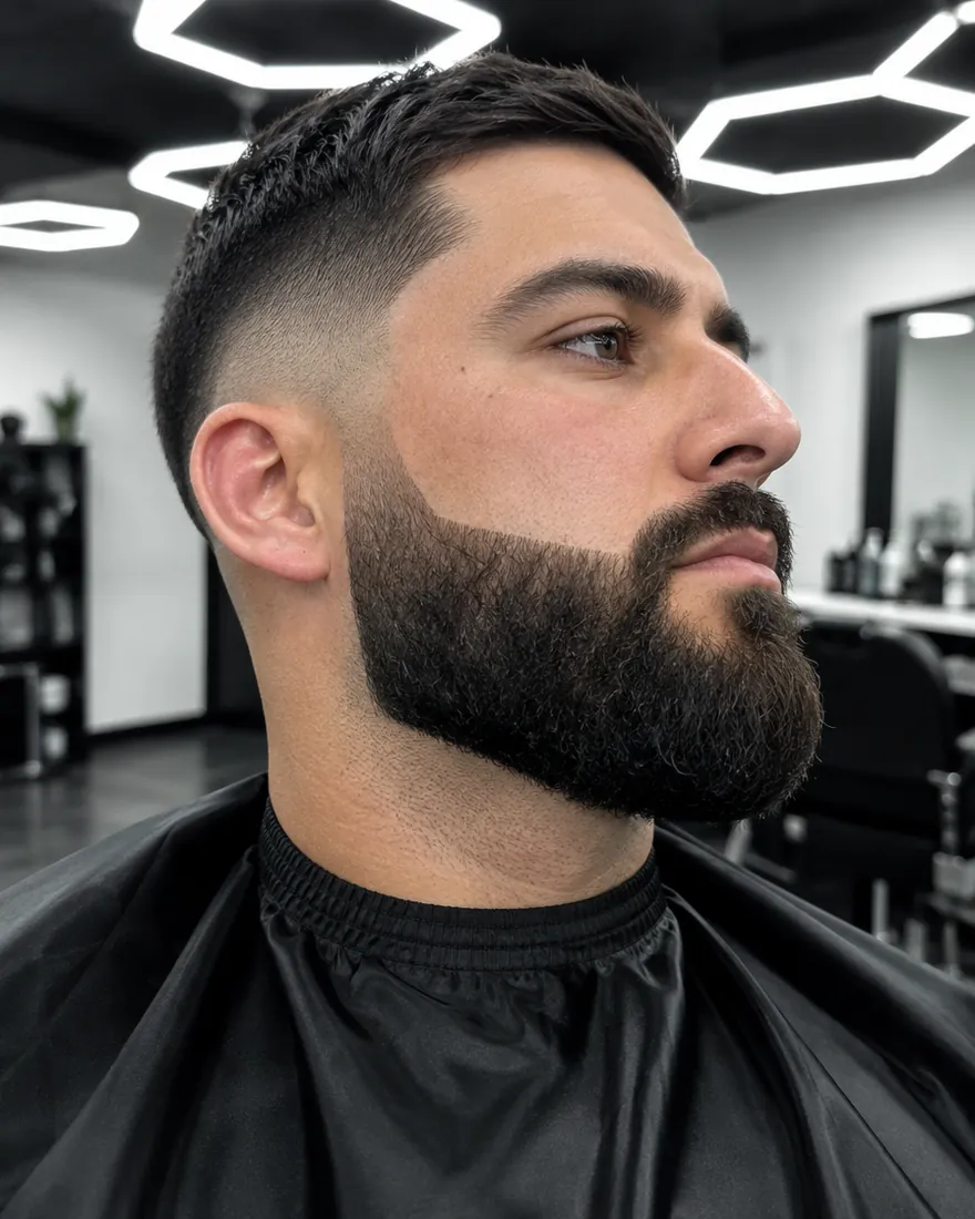 Profile of a full beard sculpted with a crisp cheek line.