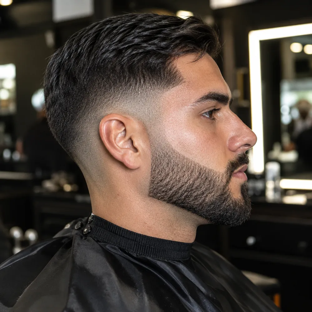 A short, neatly trimmed beard shaped along the jaw.