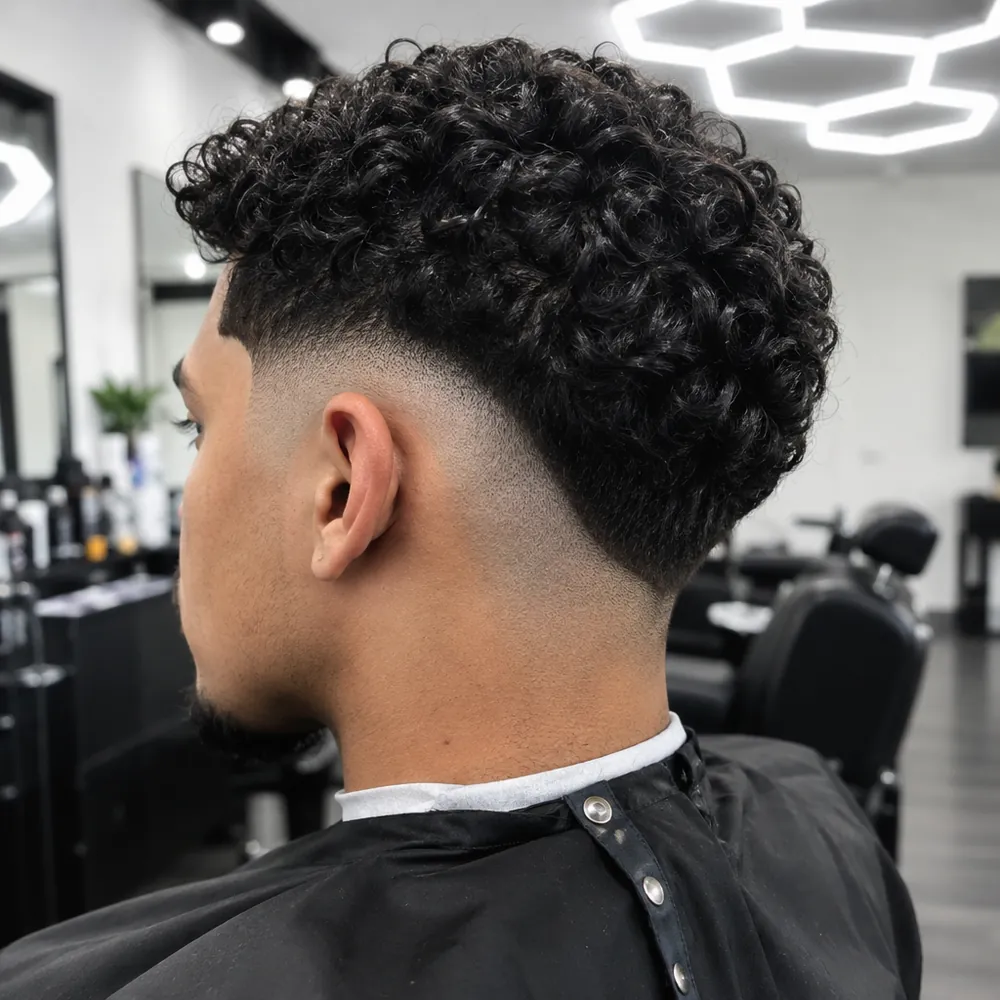 A burst fade curving around the ear.