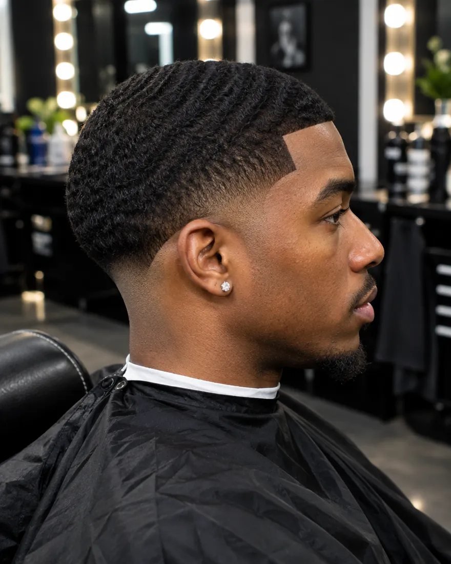 A drop fade that dips behind the ear, finished with a clean lineup.