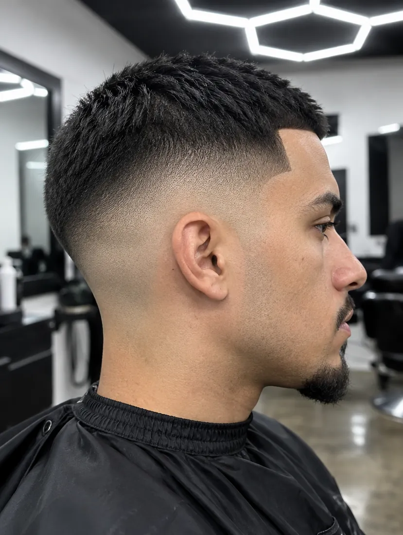 Side profile of a high skin fade blended to bare skin, with a sharp lineup.