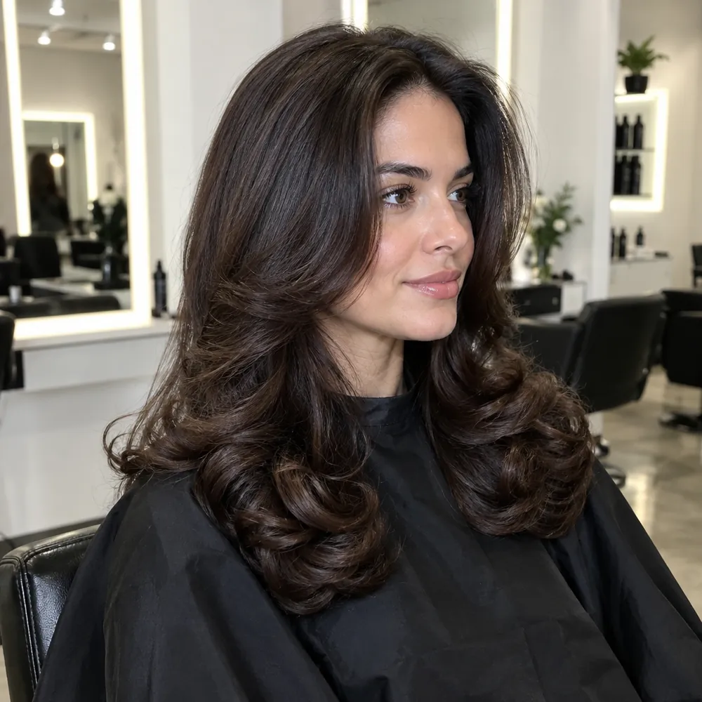 Full, bouncy hair after a round-brush blowout.