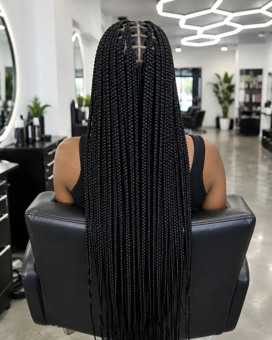 Long, neat braids falling down the back.