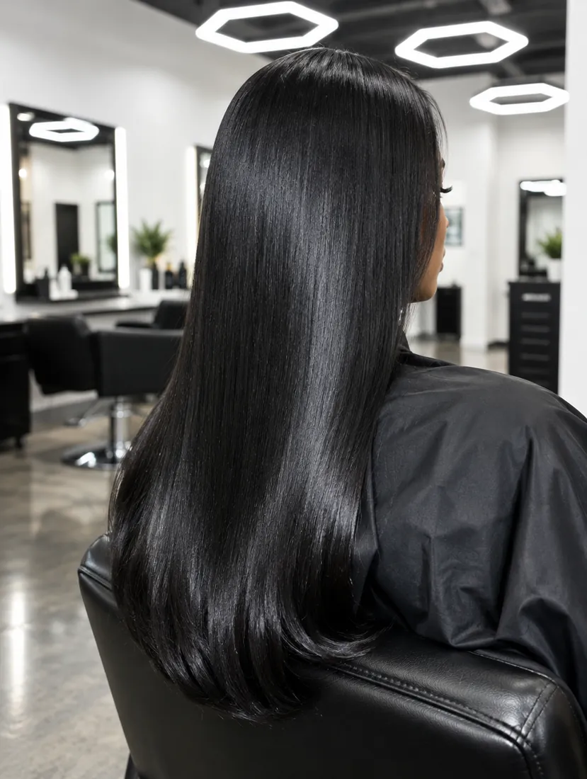Long, straight, glossy hair after a silk press.