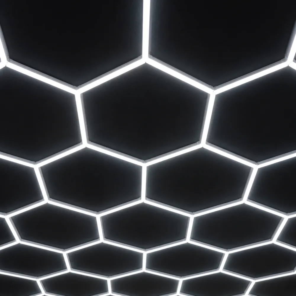 Close-up of the glowing hexagon LED ceiling.