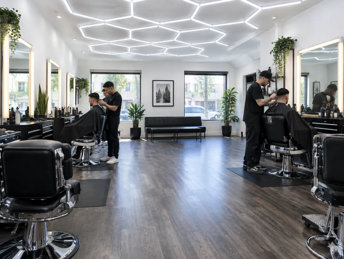 Wide view of the shop floor: barbers at work under the hexagon ceiling, with mirrors and chrome chairs.