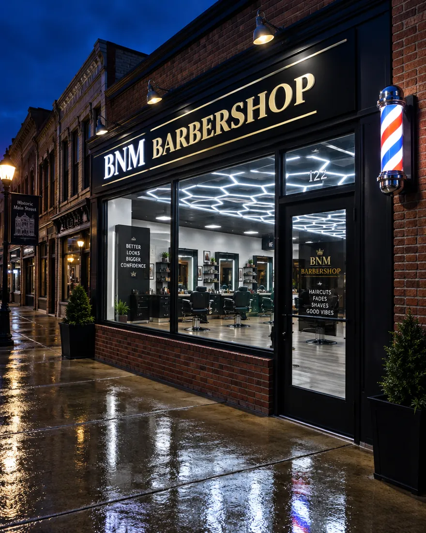The BNM storefront at night with a lit sign, big glass windows, brick base and barber pole.