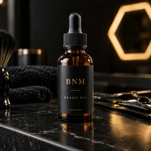 An amber dropper bottle of BNM beard oil.