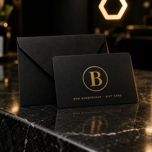 A black BNM gift card with a gold B monogram.