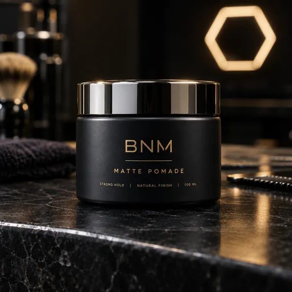 A black jar of BNM matte pomade with a chrome lid.