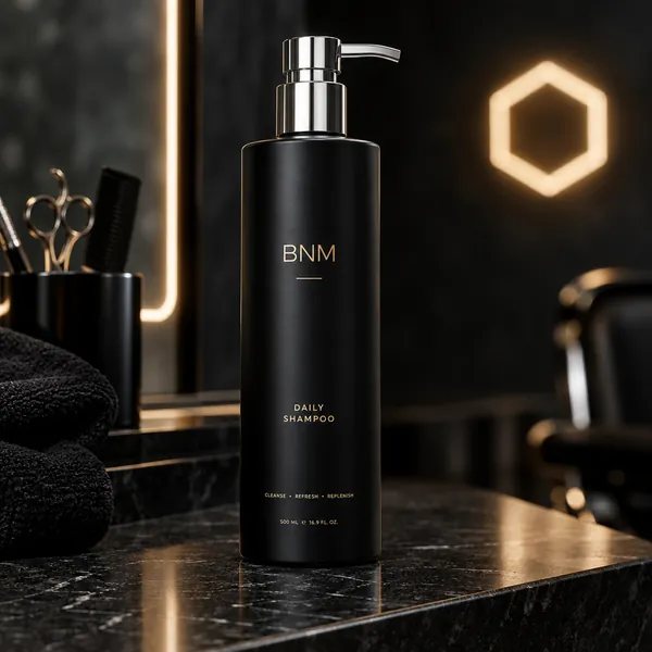 A tall black bottle of BNM daily shampoo.