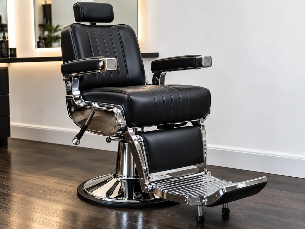 A polished chrome and black leather barber chair.