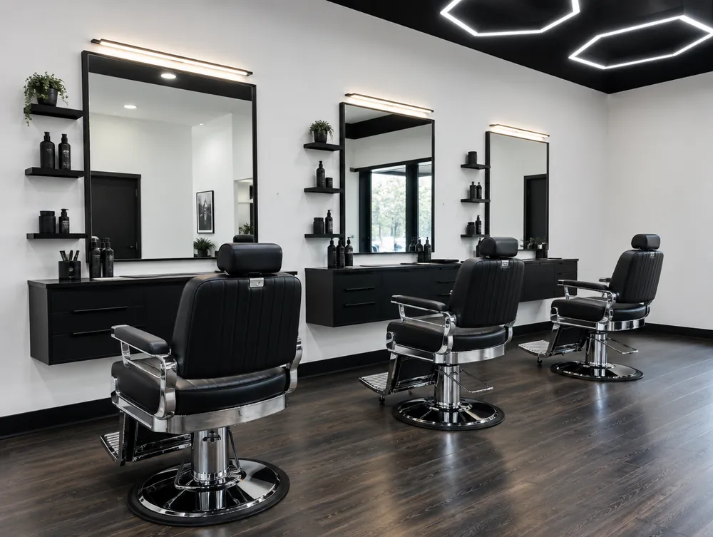 Black barber stations with mirrors and a warm light strip above each one.
